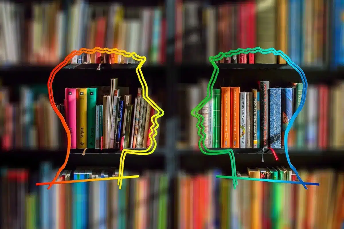 silhouette, head, bookshelf