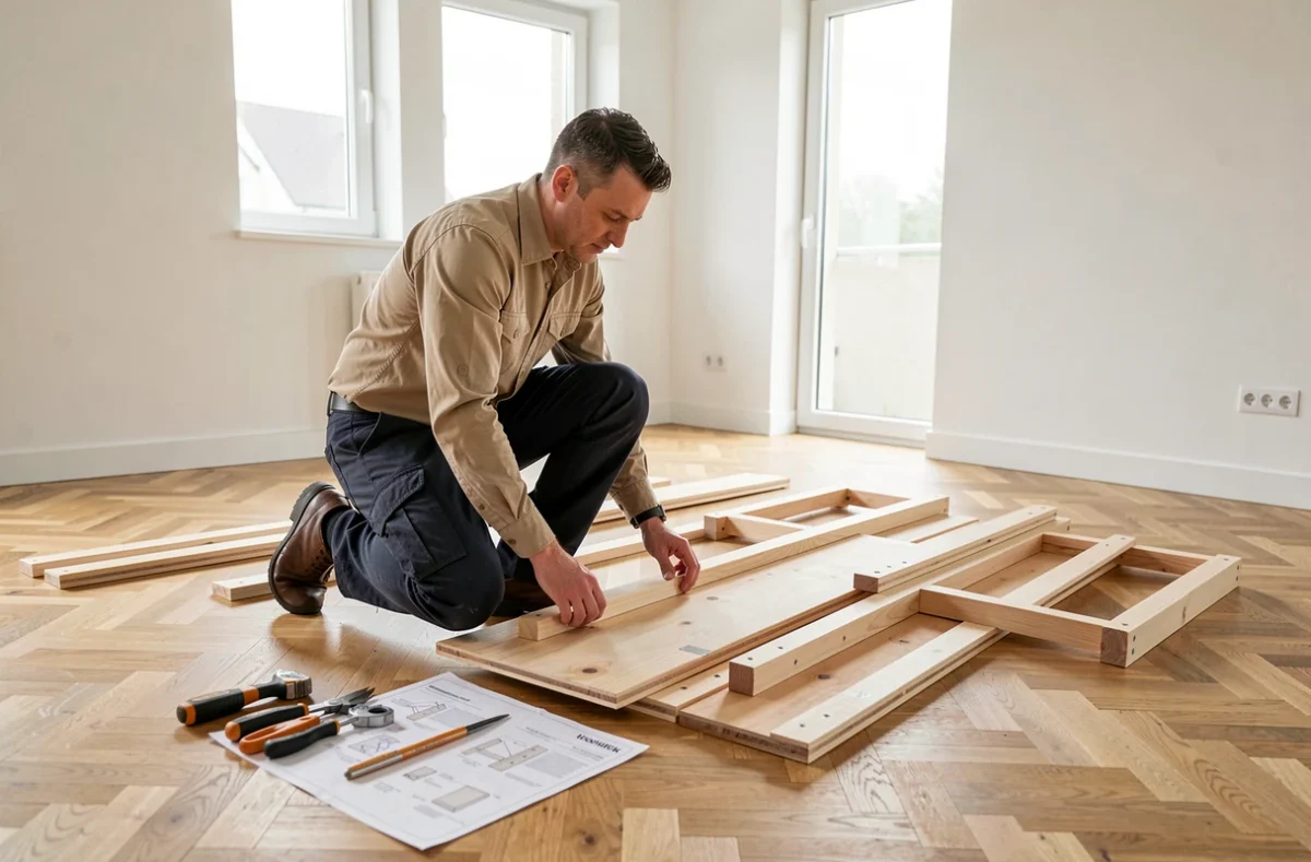 Spécialiste d'A2F Aménagement assemblant des meubles dans un appartement rénové en Moselle