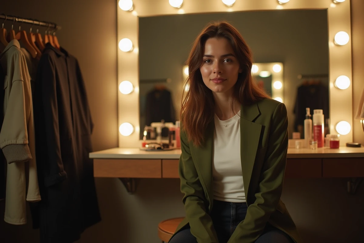 Actrice française dans une loge de théâtre, portrait backstage illustrant le métier de comédienne de série