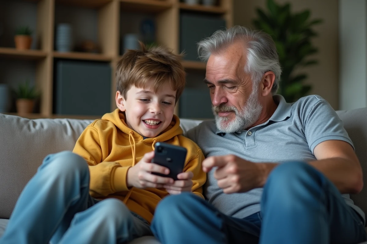 Adolescent expliquant le slang des jeunes à son père perplexe dans un salon moderne