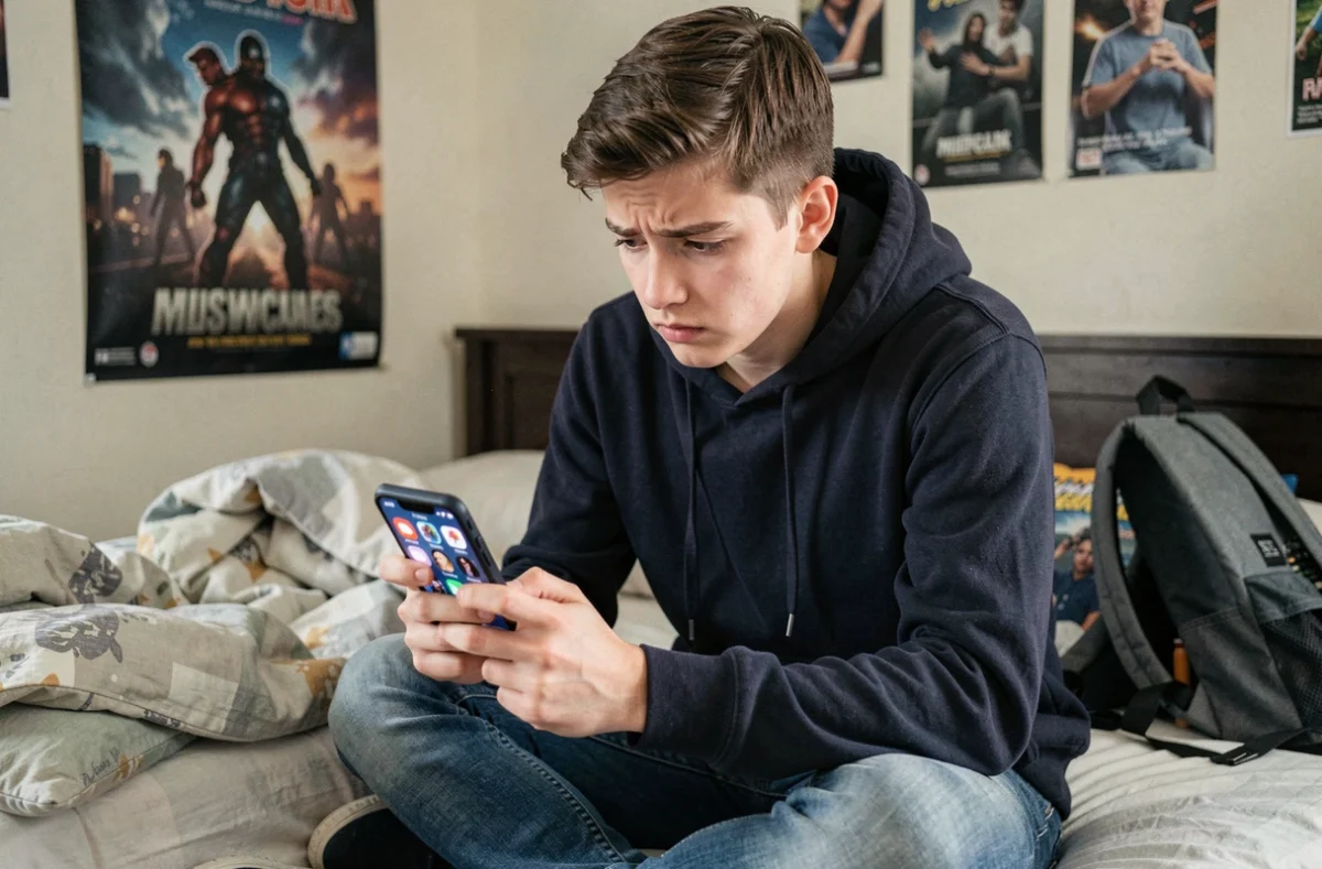 Adolescent dans sa chambre consultant une application de réseau social sur smartphone, illustrant les enjeux de confidentialité des stories anonymes pour les jeunes
