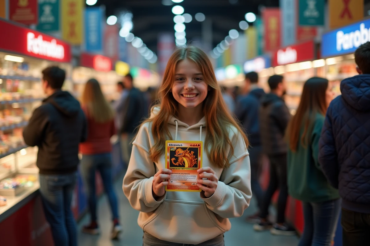 Adolescente montre une carte Charizard lors d une convention