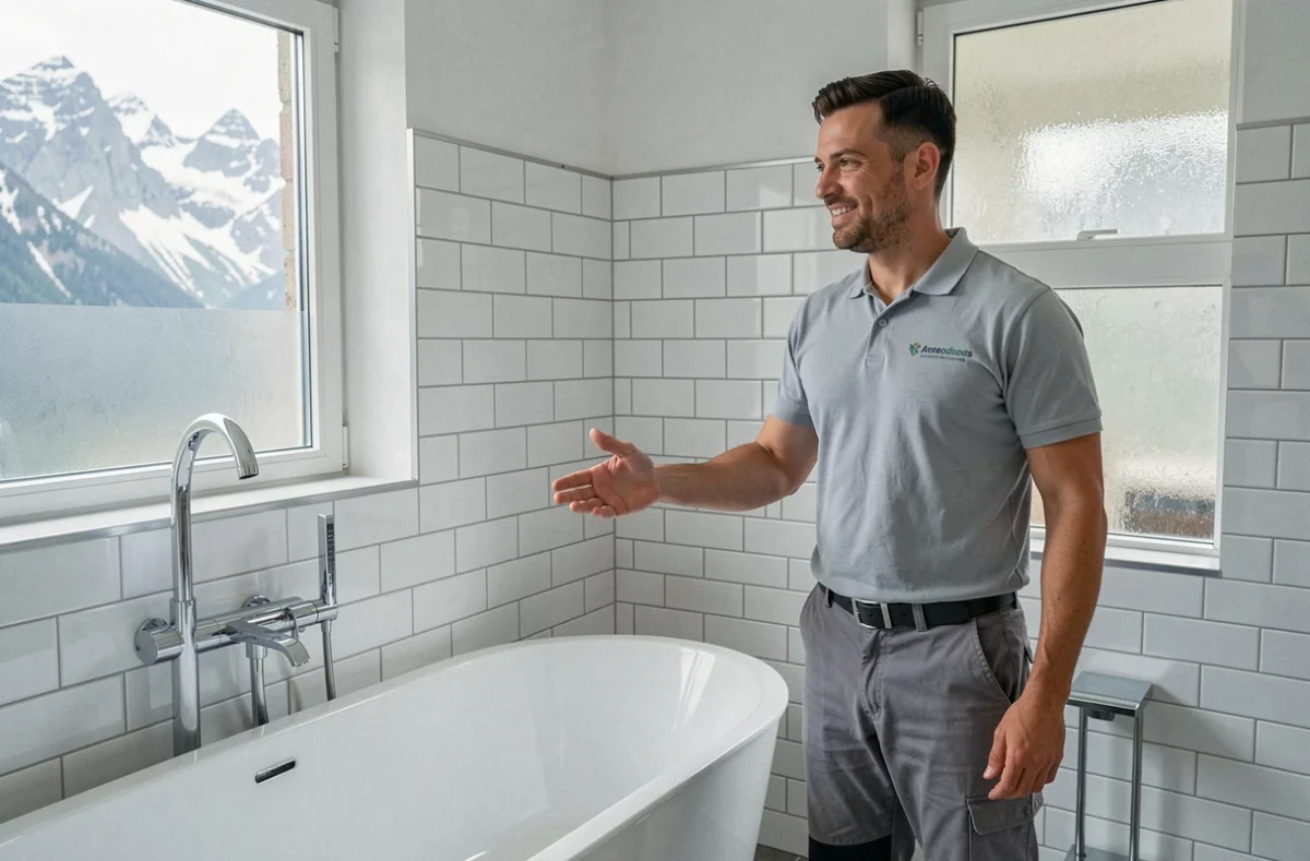 Plombier d'Agir Plomberie présentant une installation de salle de bain rénovée dans un appartement à Annecy en Haute-Savoie