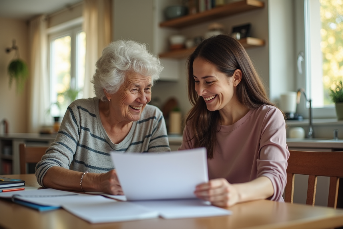 Femme âgée et assistante sociale souriantes à la table