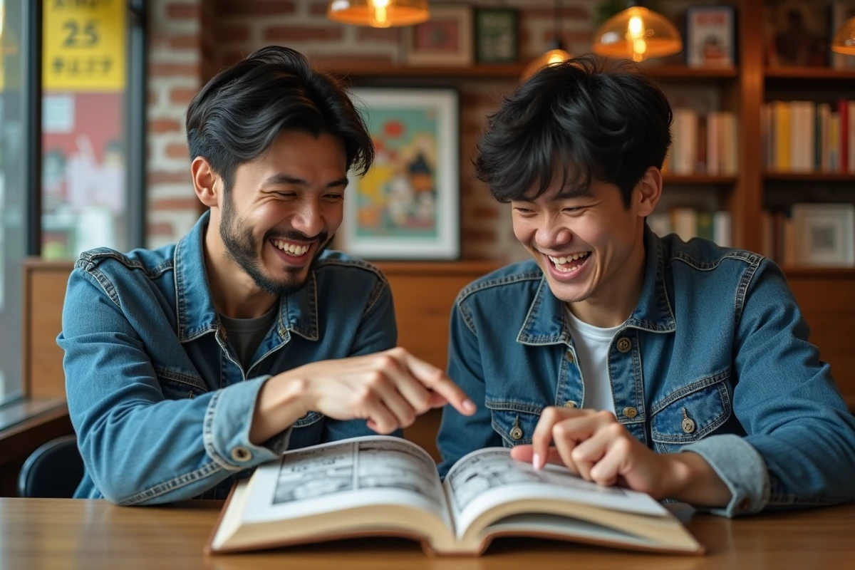 Deux amis discutant du personnage Mr. Two de One Piece autour d'un manga ouvert dans un café
