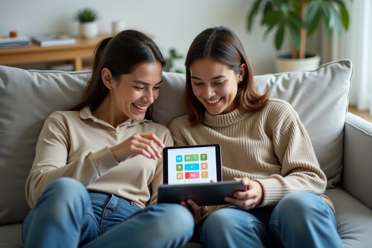 Deux amis jouant ensemble à un jeu de mots 4 images 1 mot sur une tablette dans un salon moderne