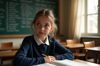 Adolescente qui étudie la conjugaison française dans un manuel scolaire dans une salle de classe traditionnelle