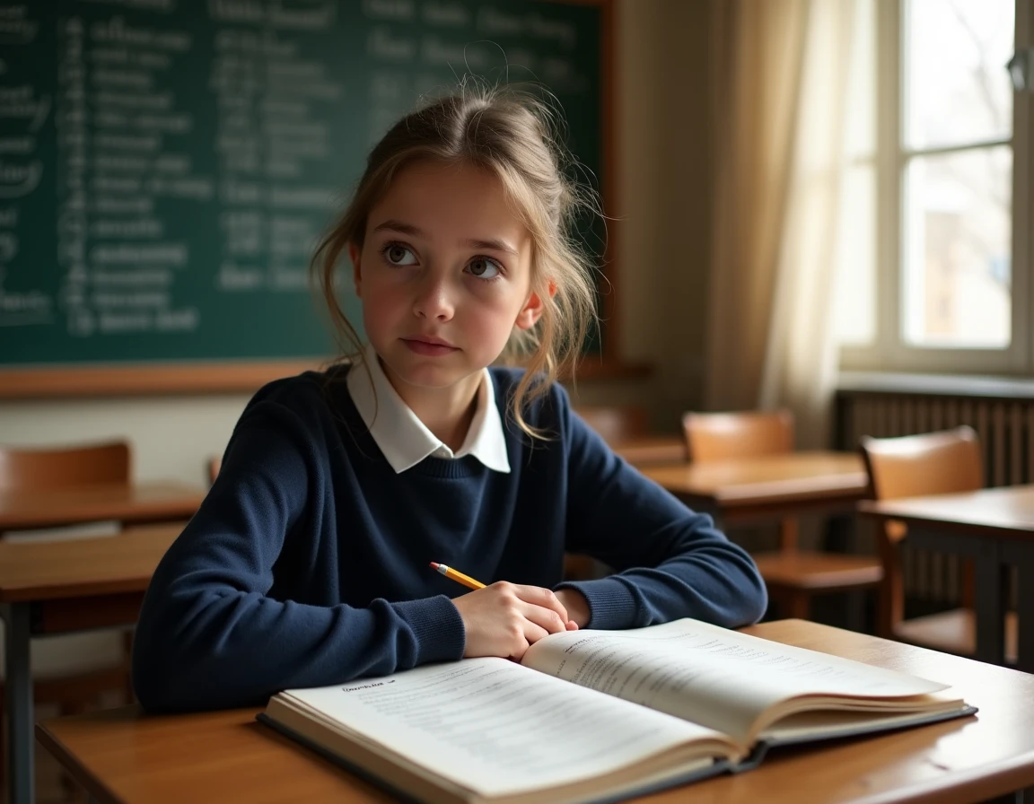 Adolescente qui étudie la conjugaison française dans un manuel scolaire dans une salle de classe traditionnelle