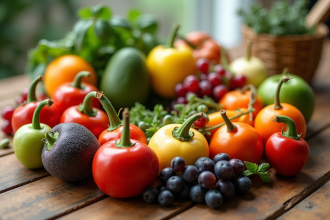 Arrangement coloré de fruits et légumes sur une table en bois