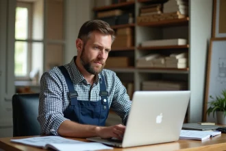 Artisan homme travaillant sur un ordinateur dans un bureau lumineux