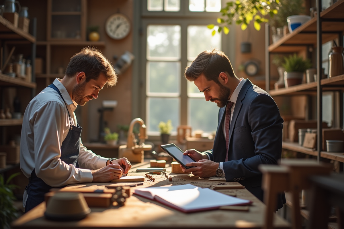Artisan au travail et professionnel en réunion dans un atelier ensoleille