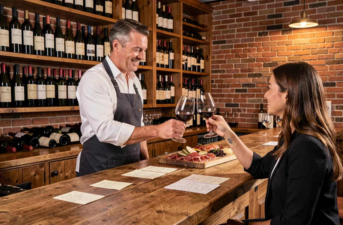 Sommelier présentant un verre de vin rouge dans un bar à vin bordelais aux murs en briques apparentes