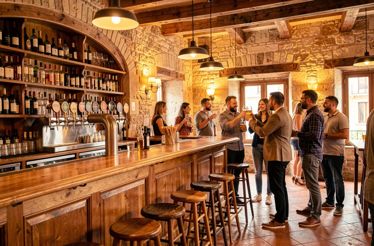 Scène animée d'un bar convivial en Gironde avec comptoir en bois, bouteilles de vin et bières artisanales