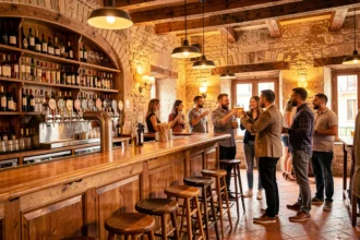 Scène animée d'un bar convivial en Gironde avec comptoir en bois, bouteilles de vin et bières artisanales