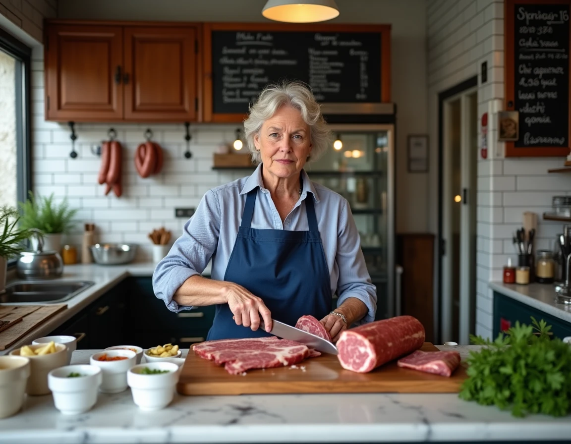 Boucher-bistrot dans une halle de marché à Deauville avec une femme tranchant une andouillette grillée derrière un comptoir en marbre