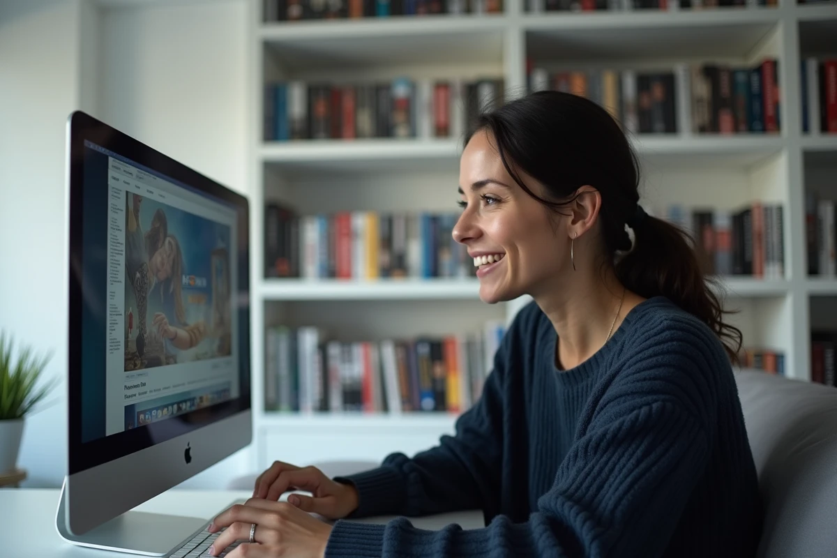 Femme consultant un blog média HD sur ordinateur dans un salon scandinave avec collection de Blu-ray et VHS vintage