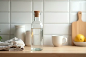 Bouteille en verre de 600 ml avec bouchon en liège posée sur un plan de travail en chêne clair dans une cuisine moderne