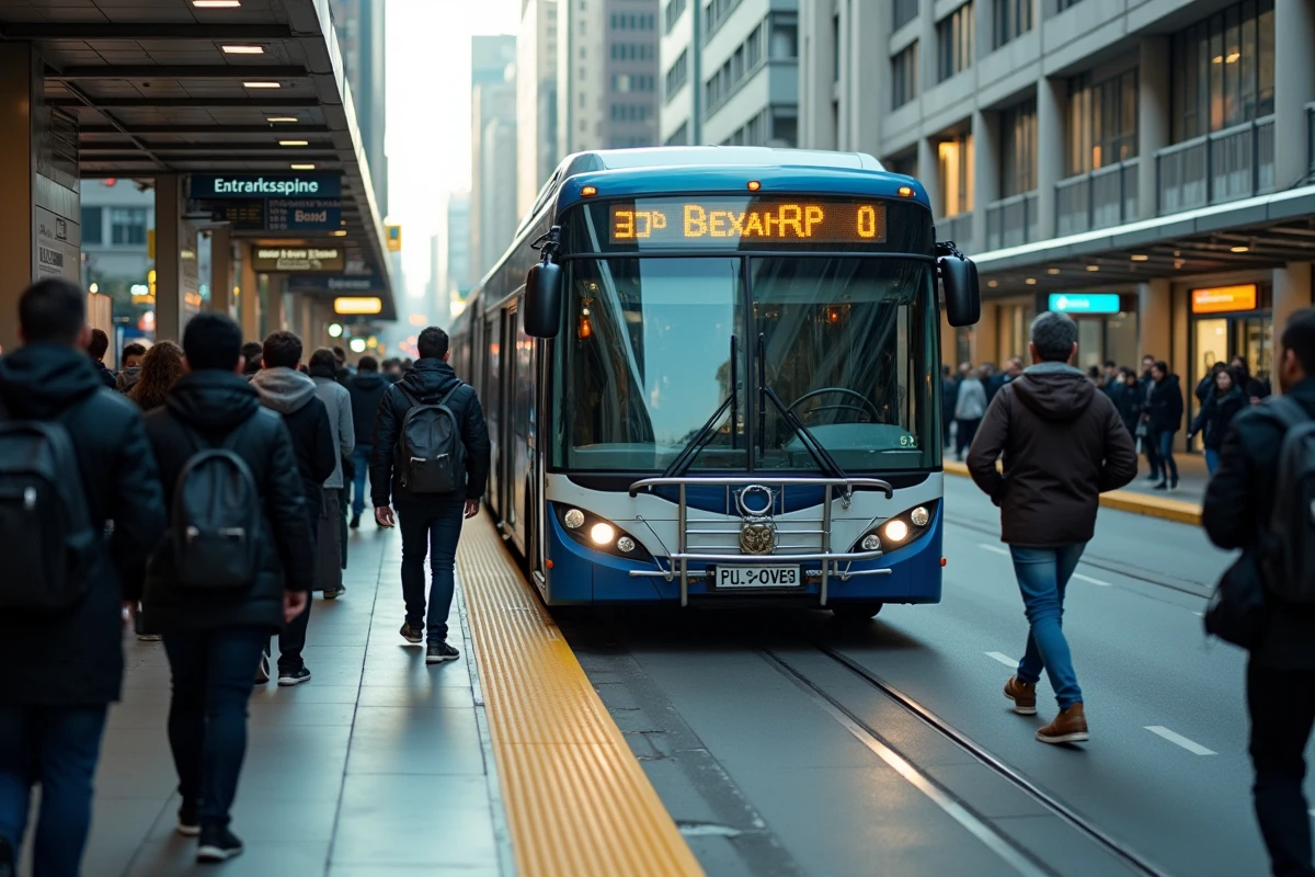 Bus 249 arrivant à l'arrêt avec des passagers qui attendent sur le quai en ville