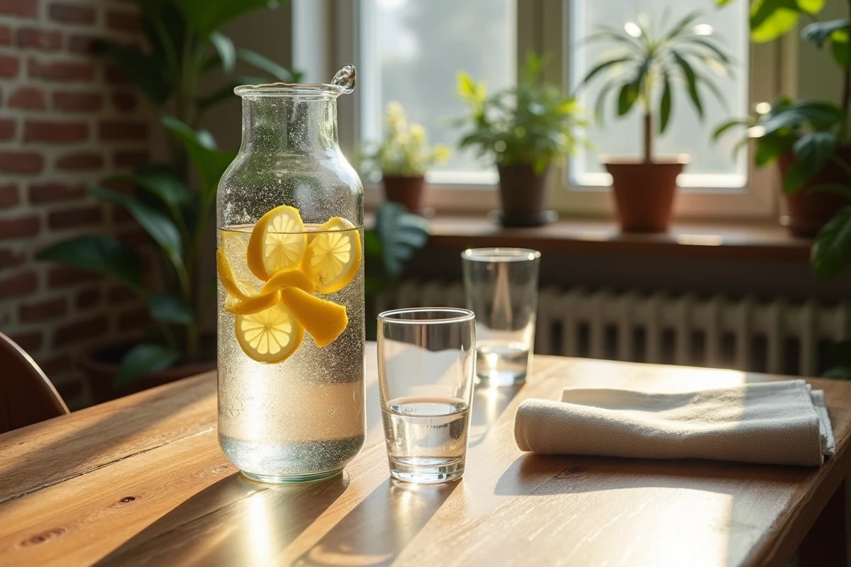 Carafe en verre de 600 ml remplie d'eau citronnée posée sur une table en bois rustique avec verres et serviette en coton