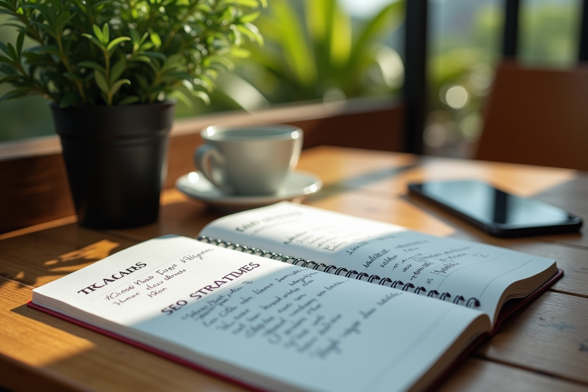 Carnet avec stratégies SEO et smartphone à Chiang Mai