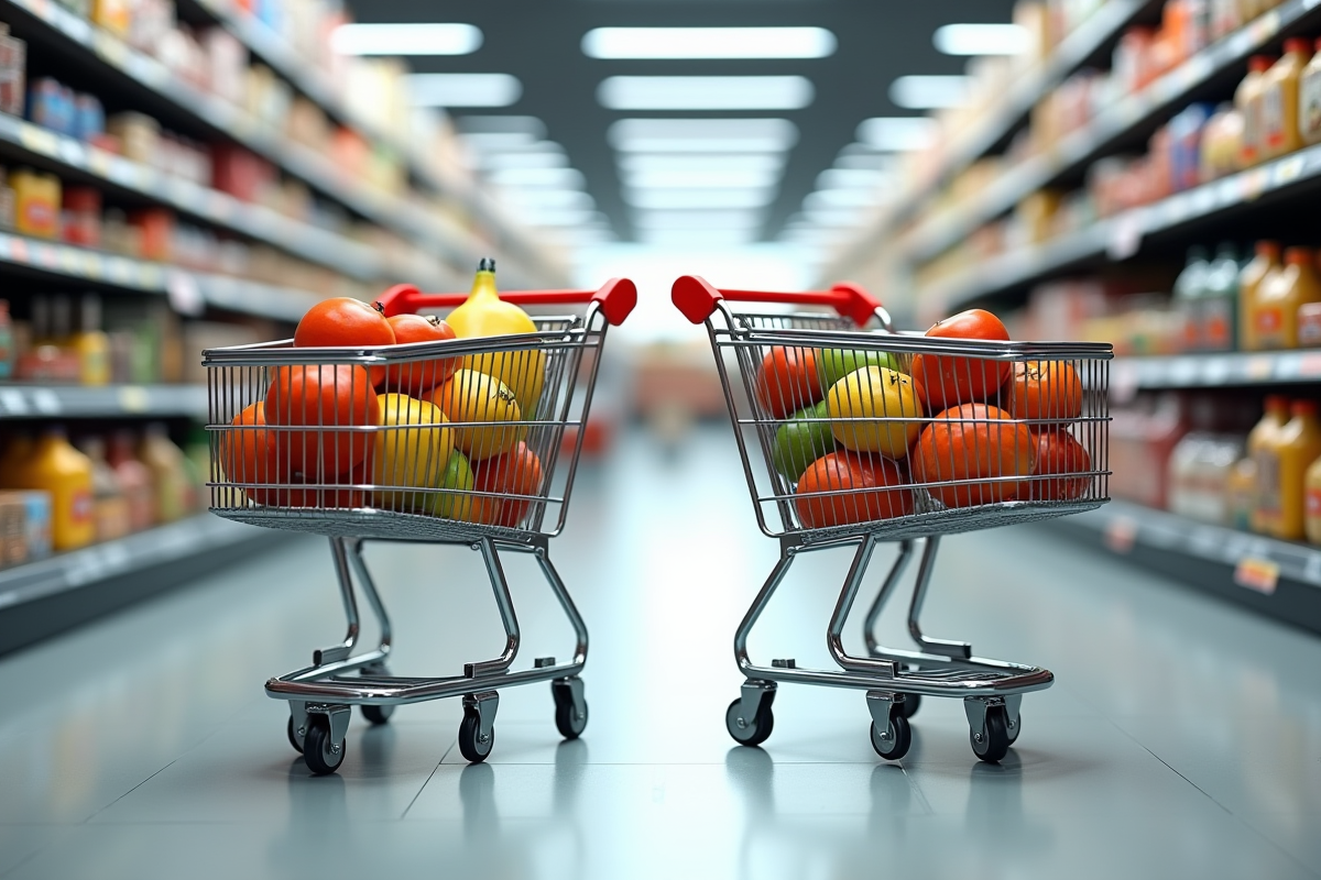 Deux chariots de supermarché côte à côte dans un rayon lumineux