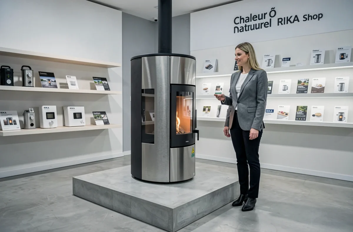 Showroom Chaleur Ô Naturel RIKA Shop avec poêle à granulés contemporain exposé dans la Vienne