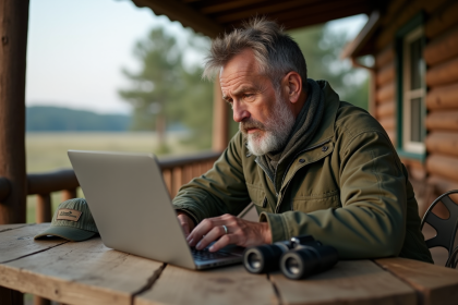 Homme chasseur utilisant un ordinateur sur une terrasse en forêt