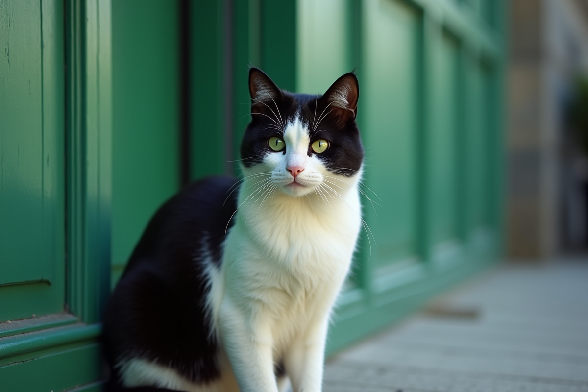 Chat noir et blanc assis regardant avec attention devant une porte verte
