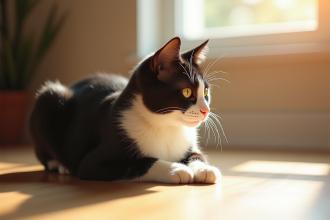 Chat noir et blanc allongé sur un sol en bois en lumière naturelle