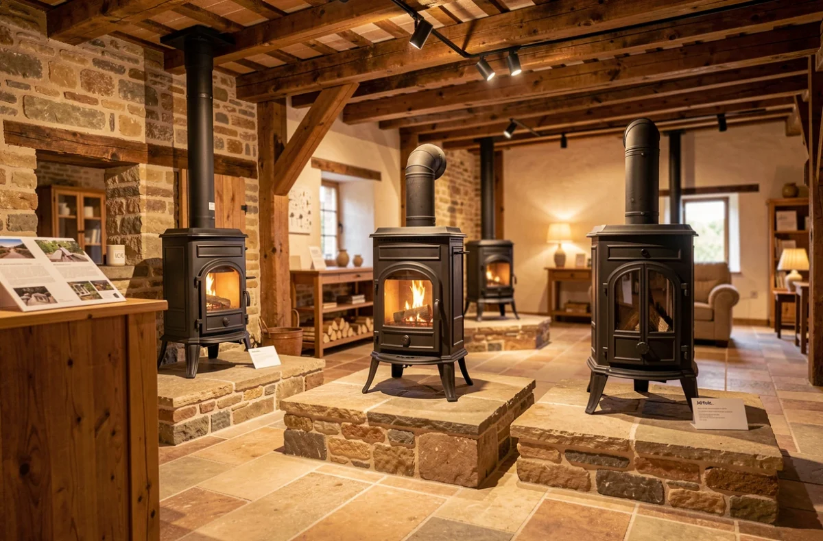 Showroom Cheminéa Jøtul à Poitiers avec des poêles à bois en fonte exposés