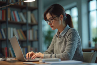 Chercheuse femme travaillant sur un ordinateur dans un bureau moderne
