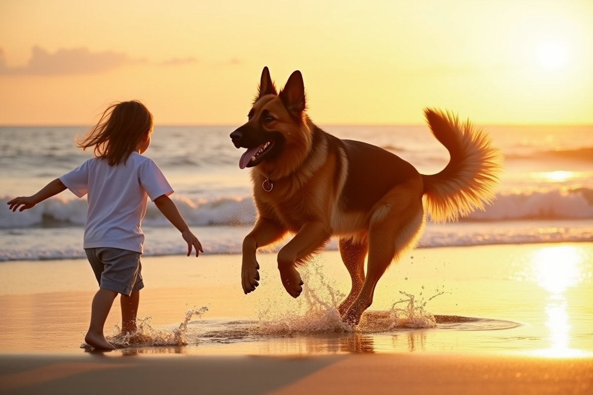 Chien berger-norwegian jouant avec des enfants sur la plage