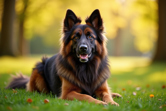 Chien berger-norwegian allongé dans un parc ensoleille