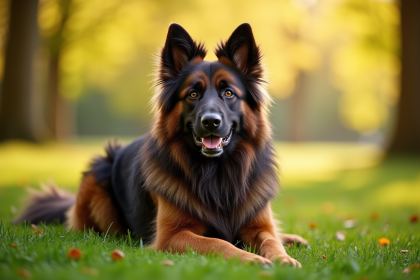 Chien berger-norwegian allongé dans un parc ensoleille