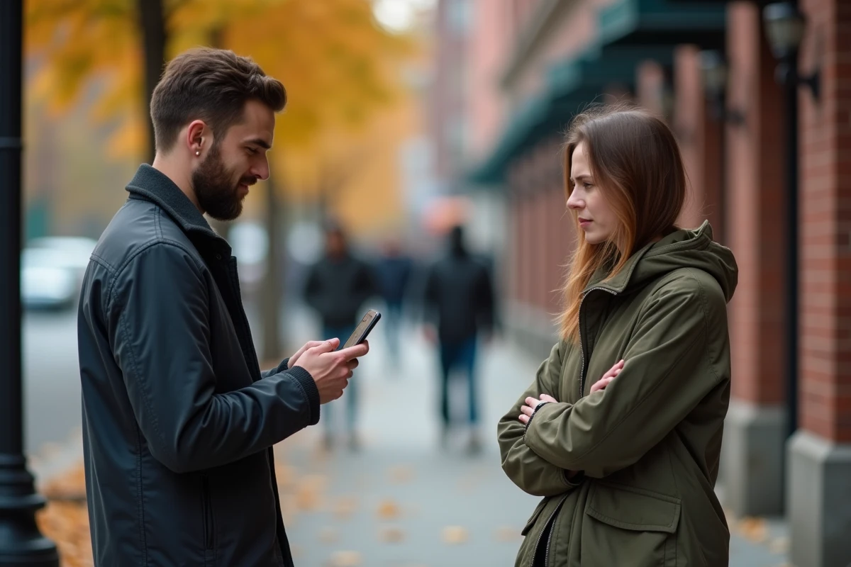 Couple en conflit dans une rue urbaine en automne symbolisant la trahison et la rupture amoureuse