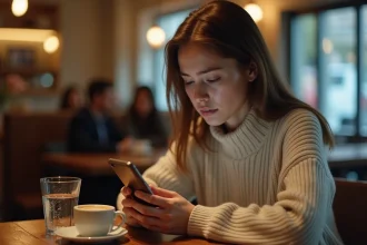Jeune femme seule dans un café tenant son téléphone avec une expression de trahison amoureuse