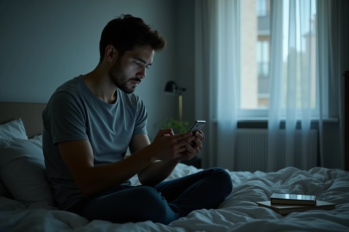 Homme seul assis sur un lit regardant des messages sur son téléphone après une trahison amoureuse