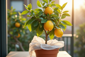 Petit citronnier en pot sur balcon ensoleille avec fleece blanc
