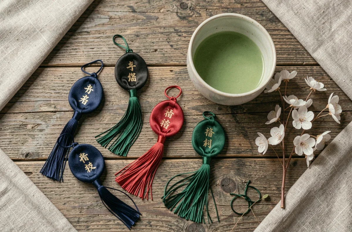 Vue de dessus d'une collection d'omamori japonais authentiques disposés sur une surface en bois avec une tasse de matcha et des fleurs de cerisier séchées