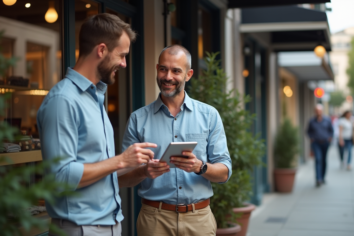 Homme commerçant discutant en extérieur avec un collègue