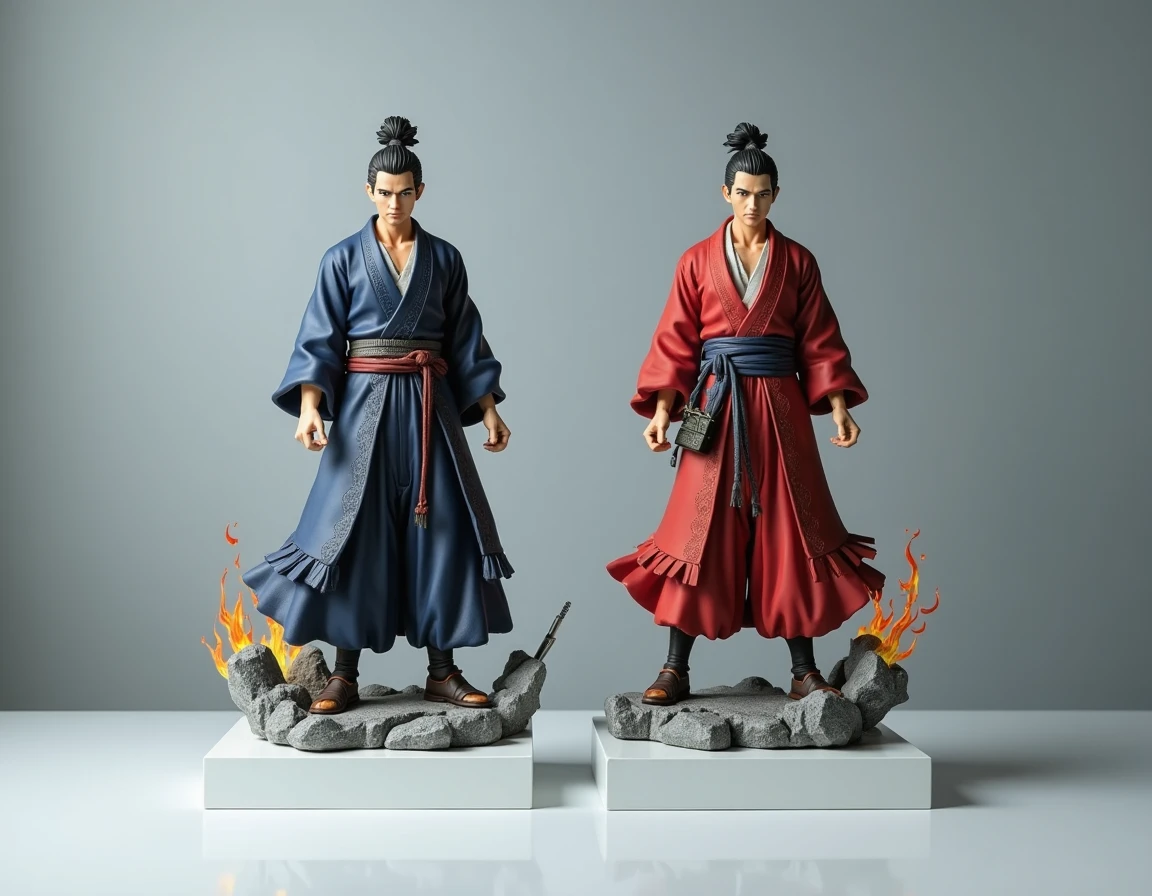 Comparaison côte à côte de deux éditions collector Rengoku, édition standard et édition premium sur socle acrylique blanc