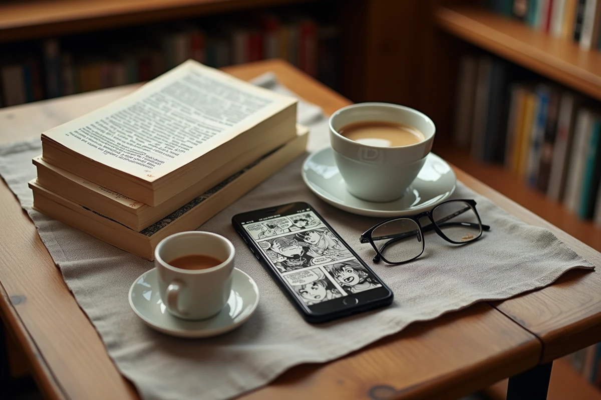 Vue de dessus d'une table avec des tomes papier de manga, un smartphone avec une application de lecture et un café, comparaison entre formats physique et numérique
