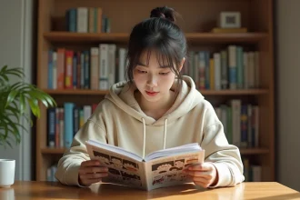 Jeune femme comparant deux versions d'un webtoon imprimé, illustrant les différences entre scan VF et version officielle de Just Friends