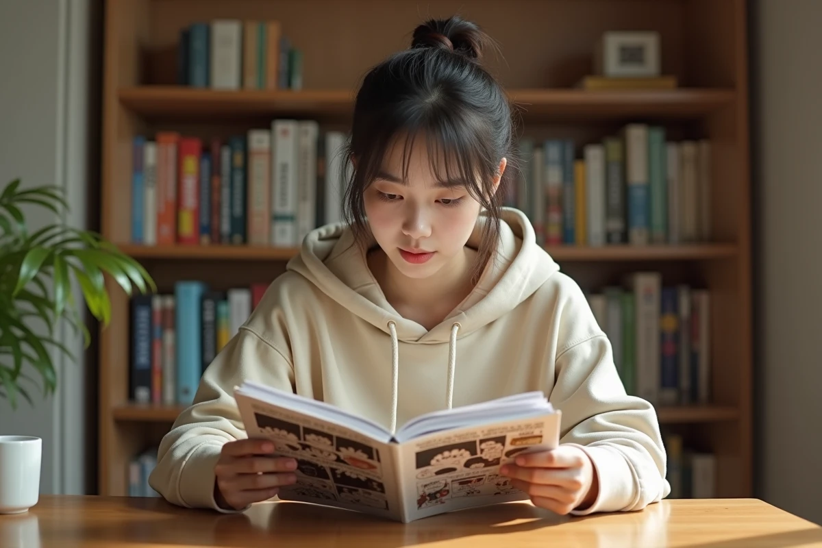 Jeune femme comparant deux versions d'un webtoon imprimé, illustrant les différences entre scan VF et version officielle de Just Friends