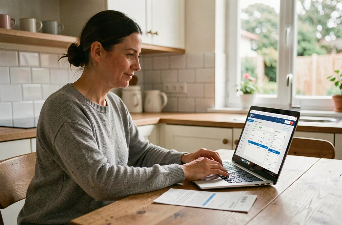Femme consultant son compte client EDF ENR sur un ordinateur portable dans une cuisine moderne