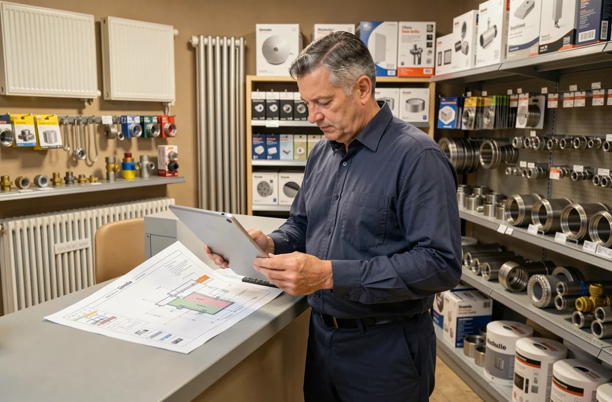 Plombier chauffagiste du Comptoir des Eaux consultant un plan d'installation dans une boutique professionnelle à Grenoble