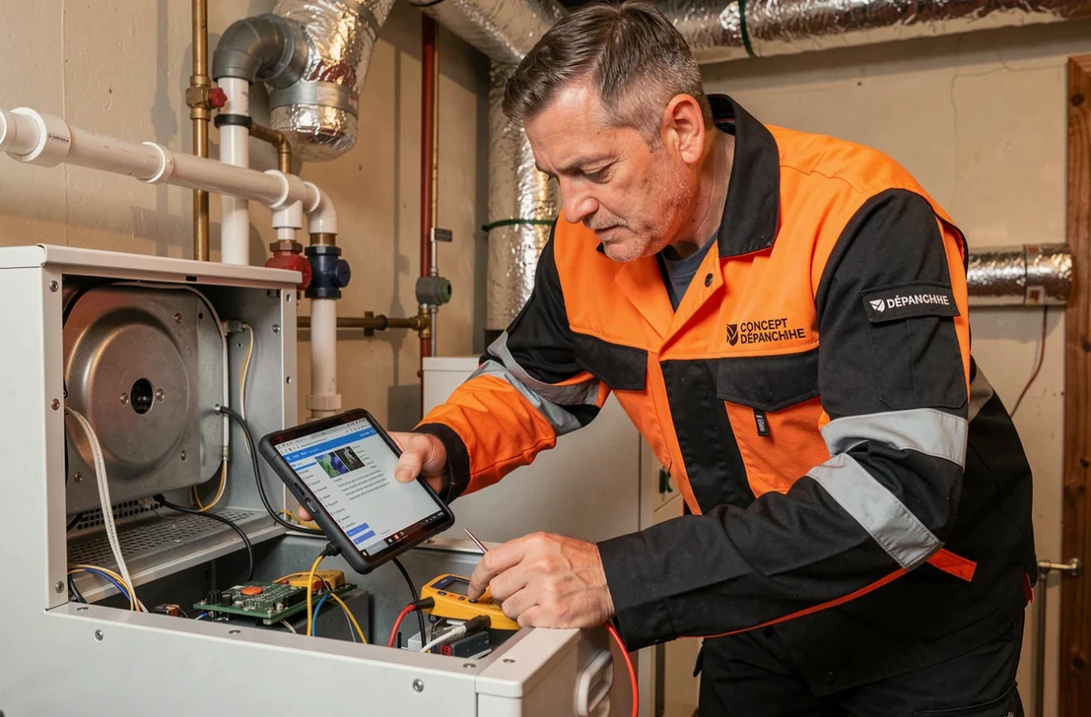 Technicien Concept Dépannage effectuant un diagnostic électronique sur une chaudière