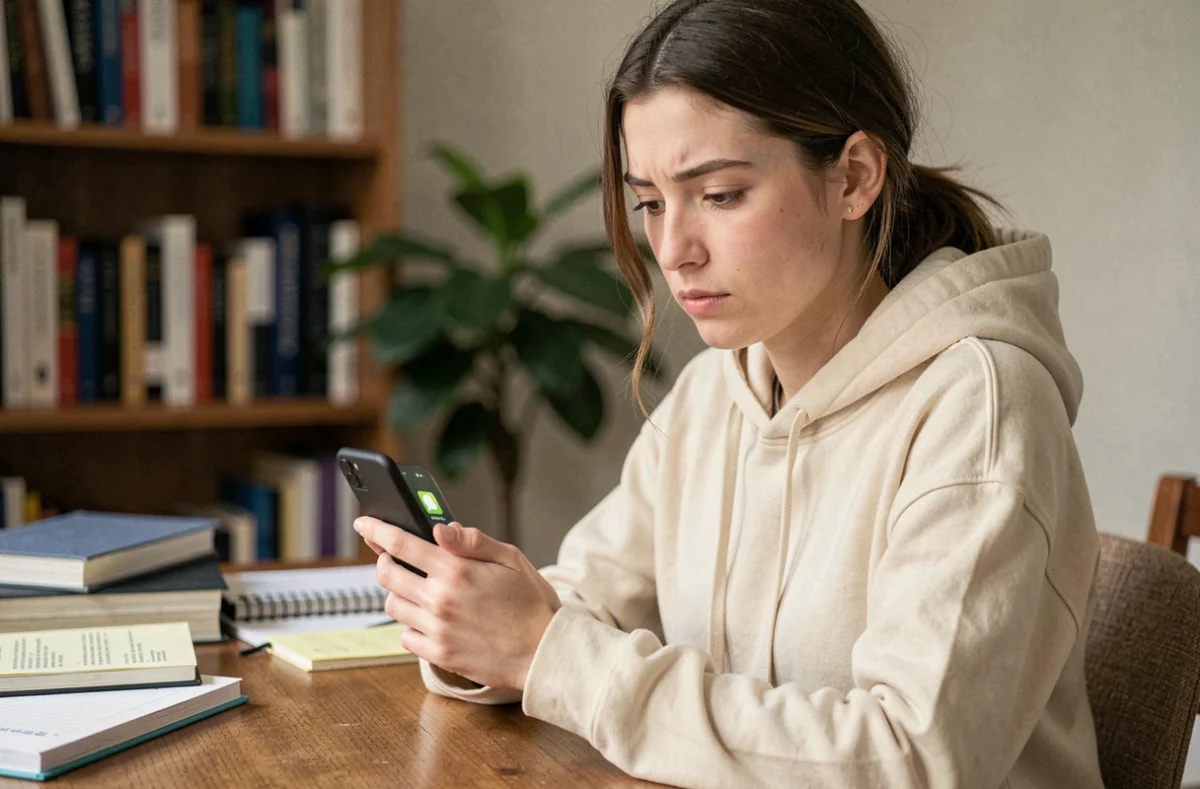 Jeune femme tenant un smartphone avec une application de messagerie anonyme dans un bureau à domicile, expression soucieuse concernant la confidentialité en ligne