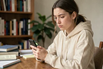 Jeune femme tenant un smartphone avec une application de messagerie anonyme dans un bureau à domicile, expression soucieuse concernant la confidentialité en ligne