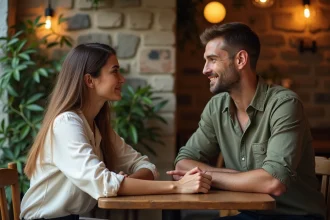 Deux adultes assis face à face dans un café rustique, partageant une conversation intime évoquant la connexion spirituelle entre âmes sœurs